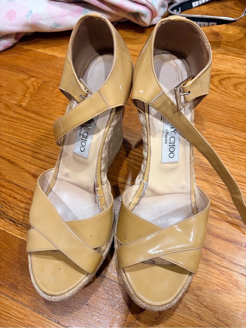 Jimmy Choo Patent Leather Cross-Strap Espadrille Wedges in Beige 39.5